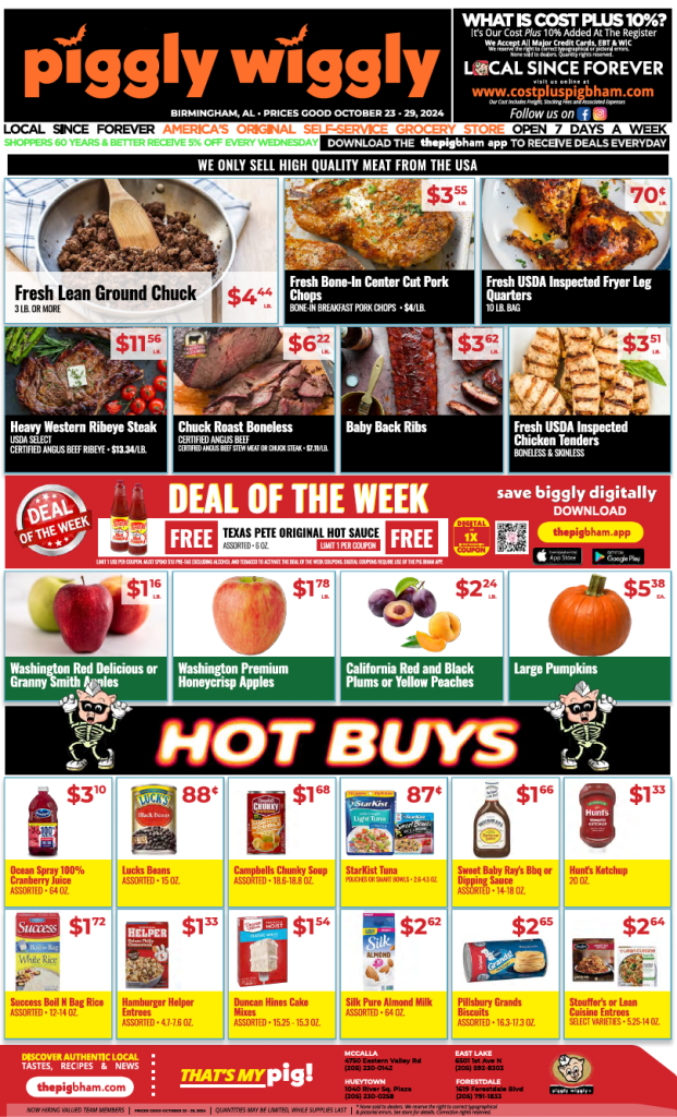 Piggly Wiggly weekly ad for October 23-29, 2024, highlighting fresh meat specials such as ground chuck, pork chops, and ribeye steaks, alongside hot buys on grocery items and produce like apples, pumpkins, and sauces.